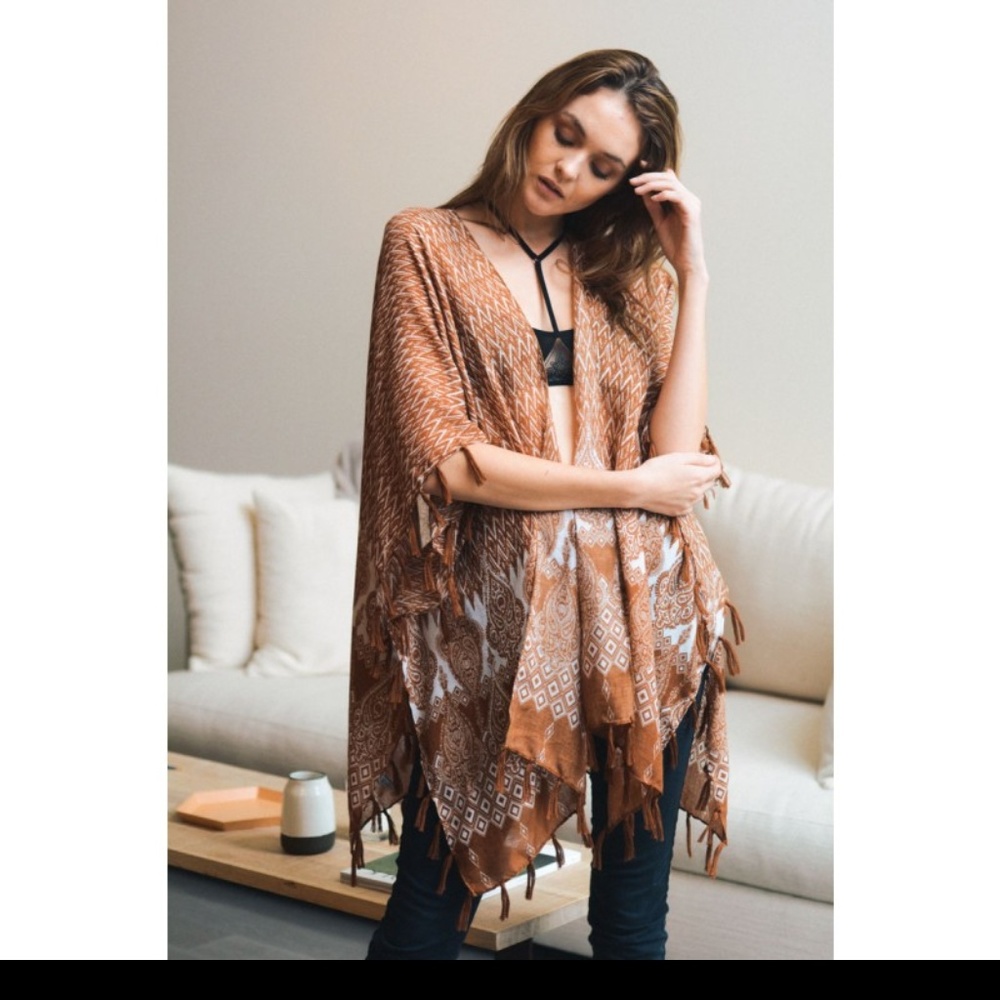 Paisley Tassel KIMONO Scarf Cover Up Camel & Beige